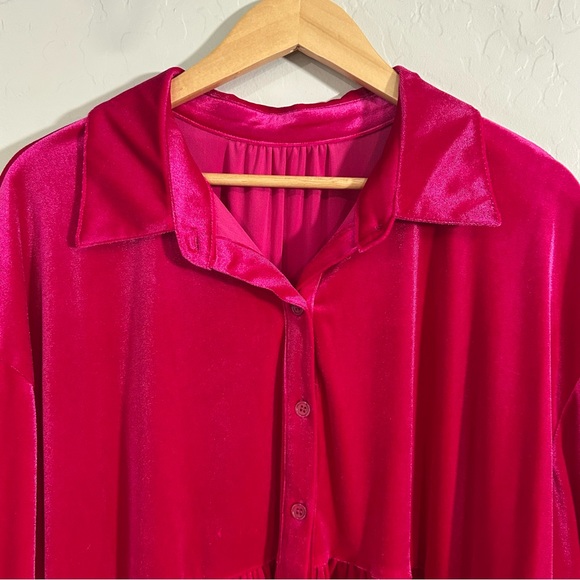 Plus Size Hot Pink Fuchsia Velvet Button Down Babydoll Tunic Top 2X Holiday - Picture 7 of 8